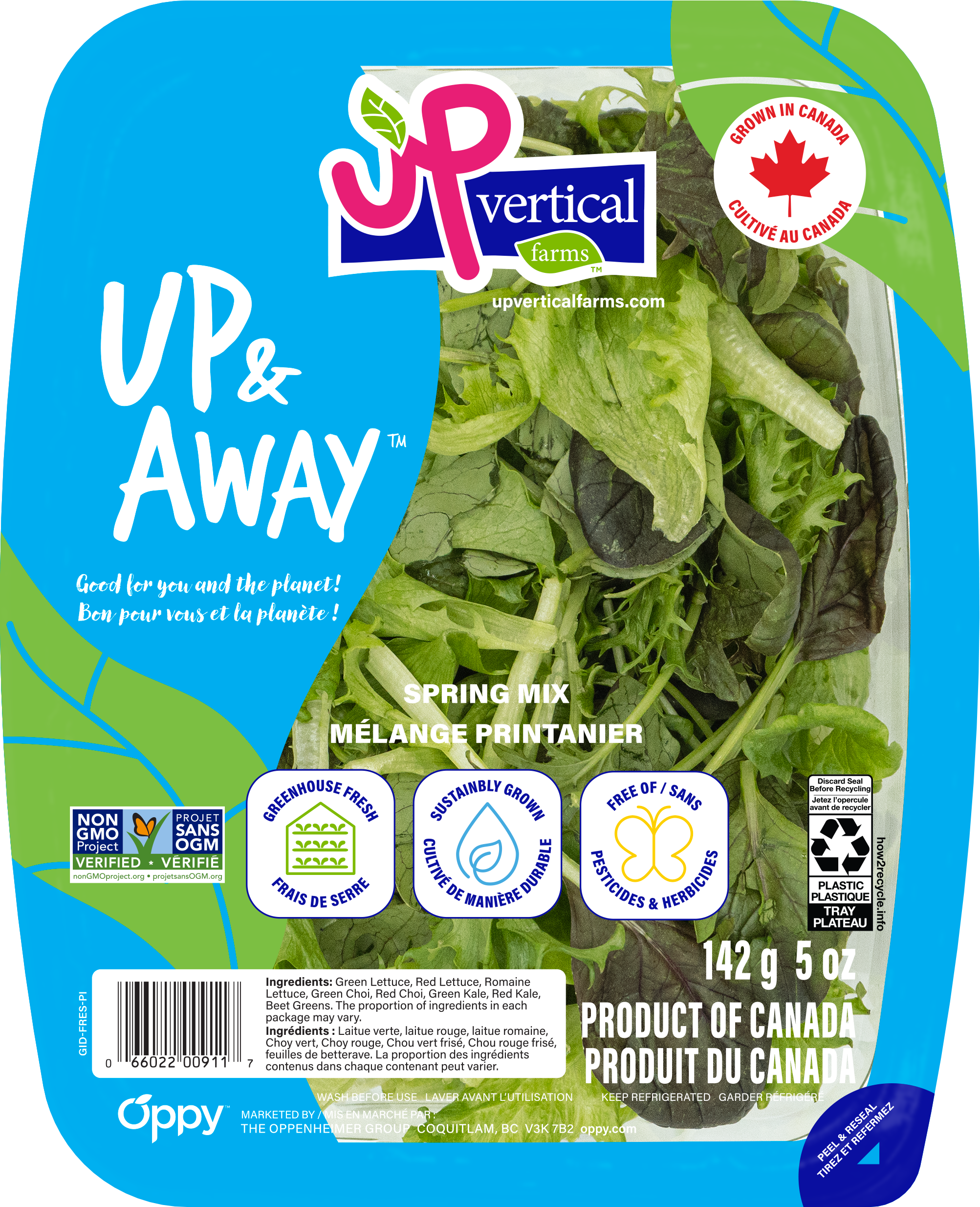 Up & Away salad kit displayed in a plastic container with label facing directly at the user
